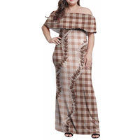 Beige Hawaii Palaka Family Matching Off Shoulder Maxi Dress and Hawaiian Shirt Hawaiian Pikake Lei