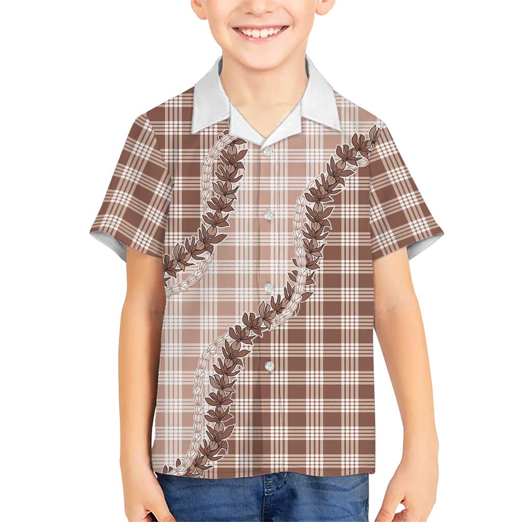 Beige Hawaii Palaka Family Matching Off Shoulder Short Dress and Hawaiian Shirt Hawaiian Pikake Lei