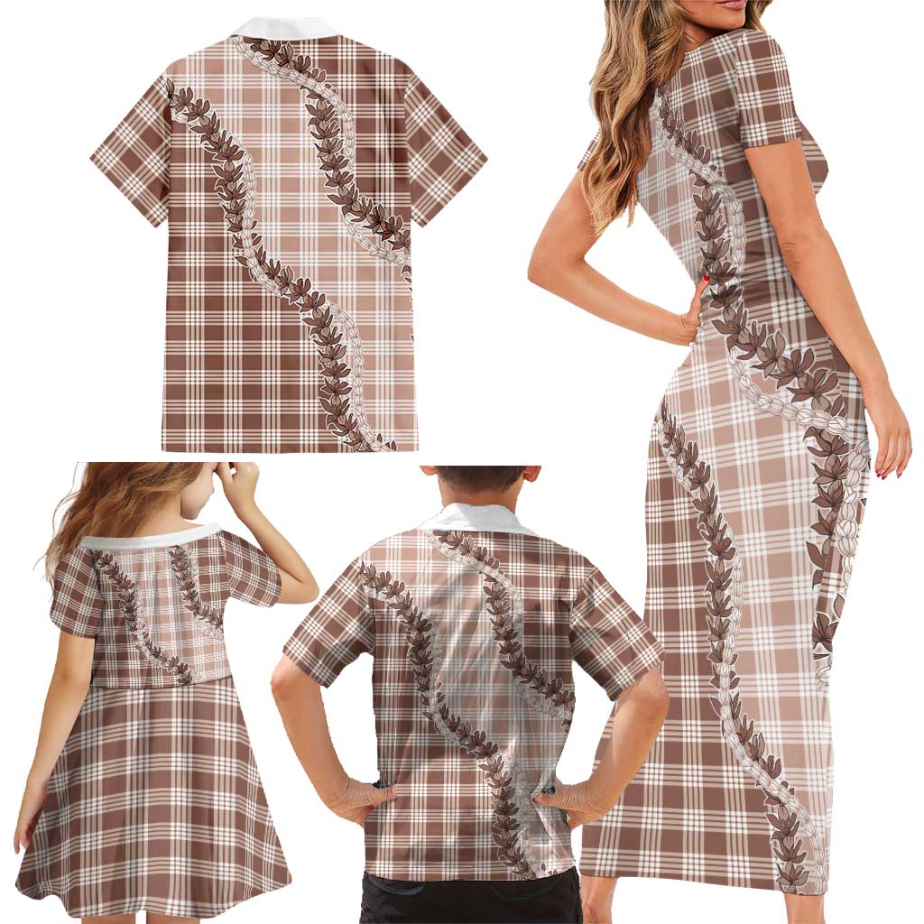 Beige Hawaii Palaka Family Matching Short Sleeve Bodycon Dress and Hawaiian Shirt Hawaiian Pikake Lei