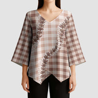 Beige Hawaii Palaka Kimono Sleeve Blouse Hawaiian Pikake Lei LT05 - Polynesian Pride