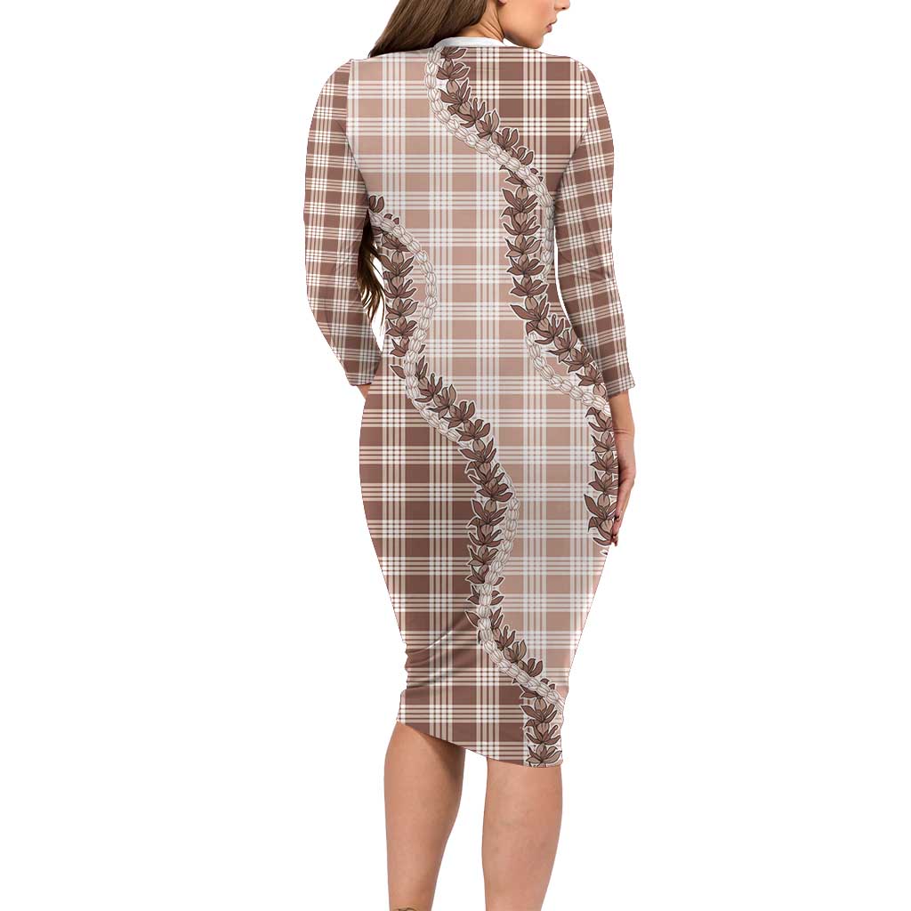 Beige Hawaii Palaka Long Sleeve Bodycon Dress Hawaiian Pikake Lei LT05 - Polynesian Pride