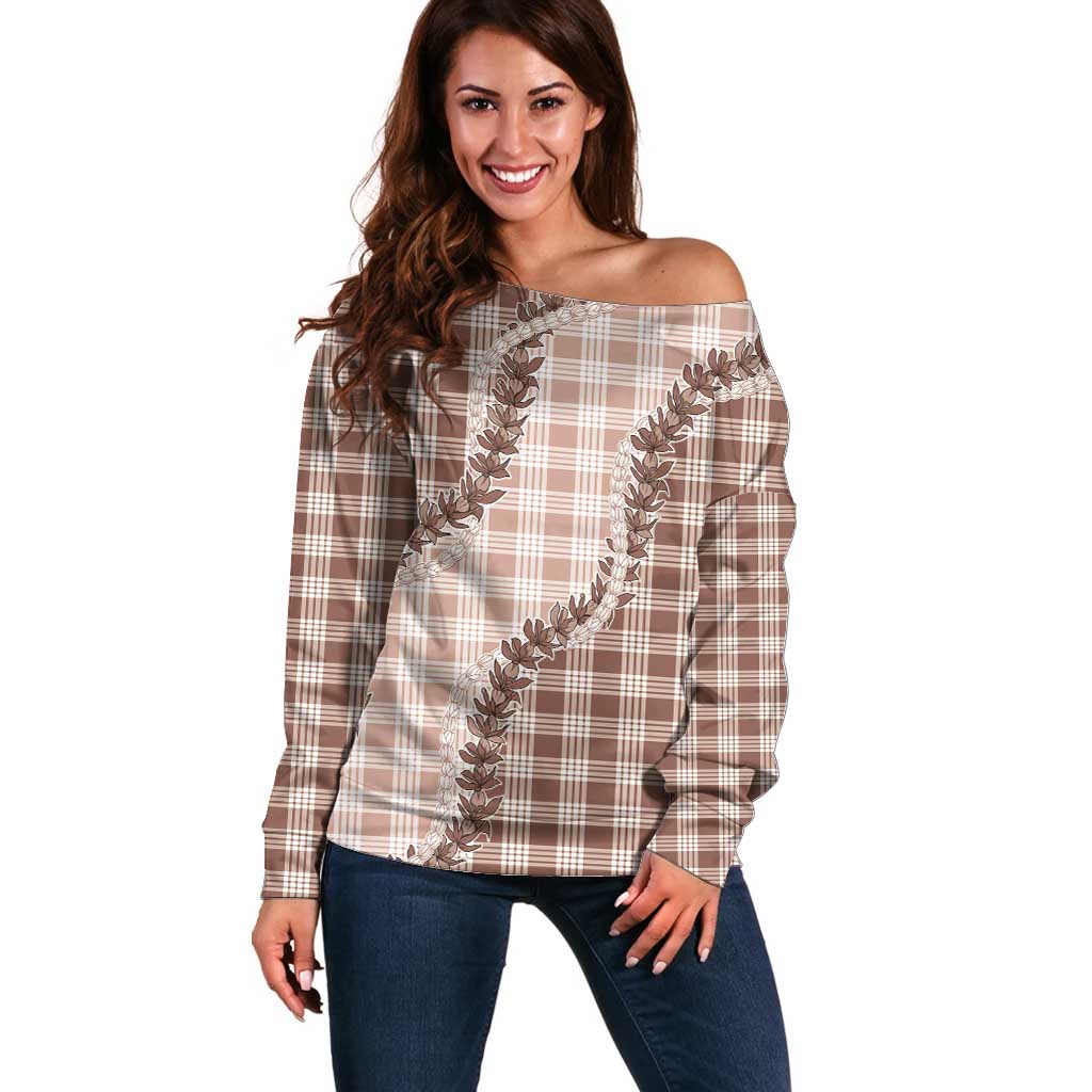 Beige Hawaii Palaka Off Shoulder Sweater Hawaiian Pikake Lei LT05 Women Beige - Polynesian Pride