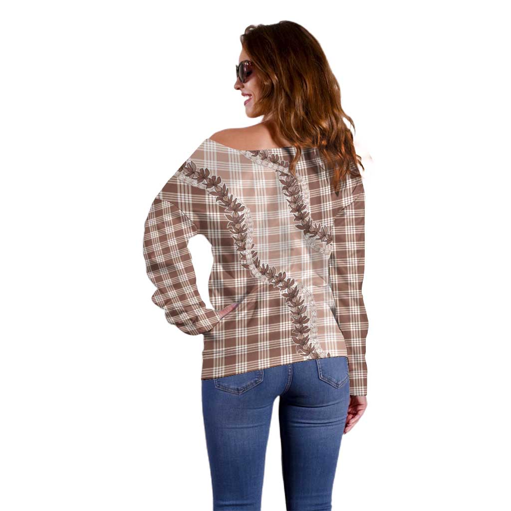 Beige Hawaii Palaka Off Shoulder Sweater Hawaiian Pikake Lei LT05 - Polynesian Pride