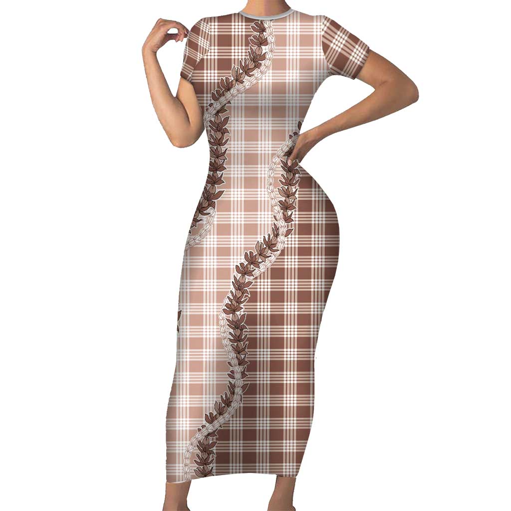 Beige Hawaii Palaka Short Sleeve Bodycon Dress Hawaiian Pikake Lei