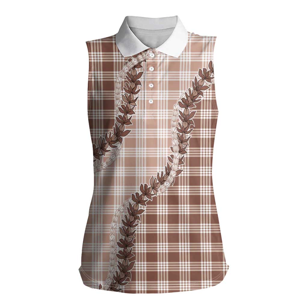 Beige Hawaii Palaka Women Sleeveless Polo Shirt Hawaiian Pikake Lei LT05 Female Beige - Polynesian Pride