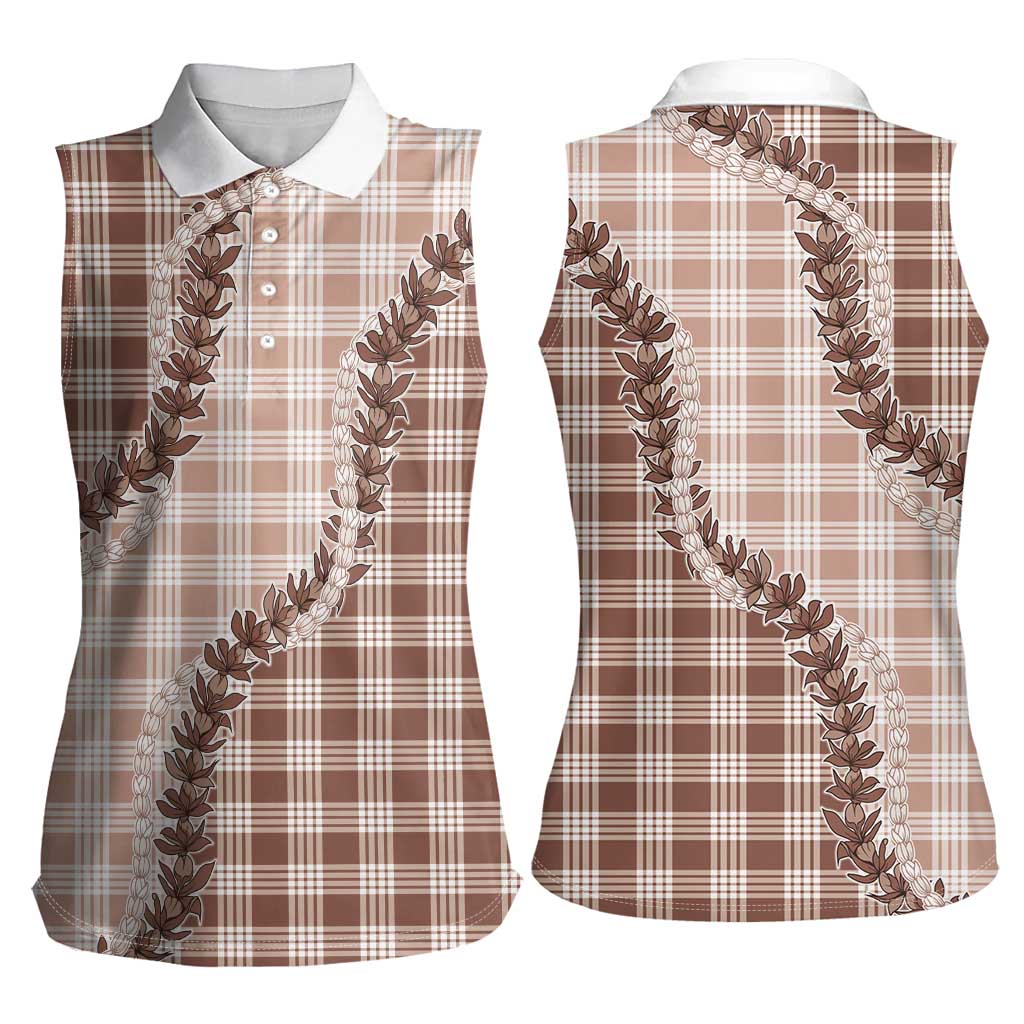 Beige Hawaii Palaka Women Sleeveless Polo Shirt Hawaiian Pikake Lei LT05 - Polynesian Pride