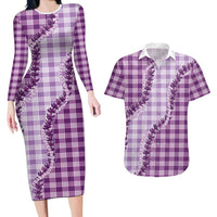 Violet Hawaii Palaka Couples Matching Long Sleeve Bodycon Dress and Hawaiian Shirt Hawaiian Pikake Lei