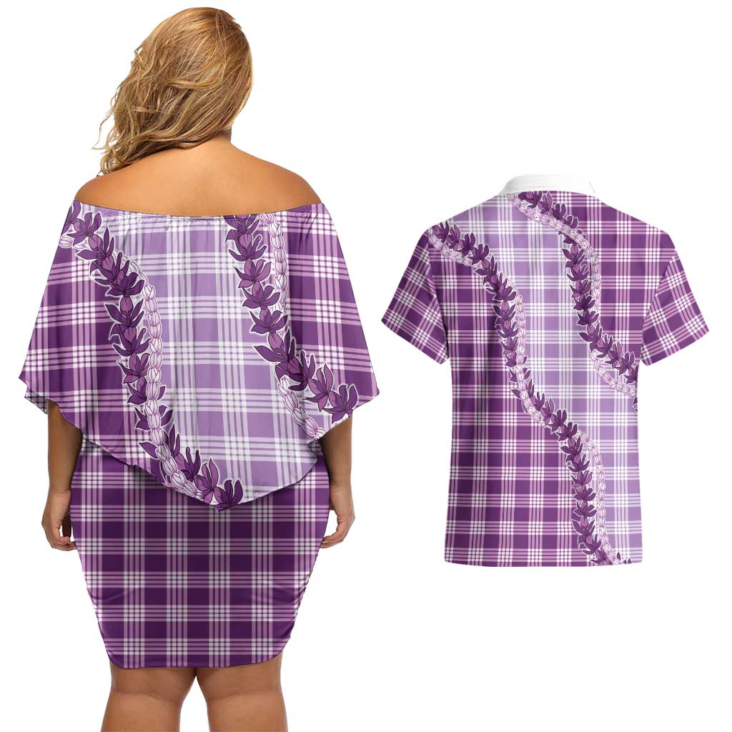 Violet Hawaii Palaka Couples Matching Off Shoulder Short Dress and Hawaiian Shirt Hawaiian Pikake Lei LT05 - Polynesian Pride