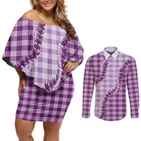 Violet Hawaii Palaka Couples Matching Off Shoulder Short Dress and Long Sleeve Button Shirt Hawaiian Pikake Lei