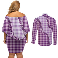 Violet Hawaii Palaka Couples Matching Off Shoulder Short Dress and Long Sleeve Button Shirt Hawaiian Pikake Lei