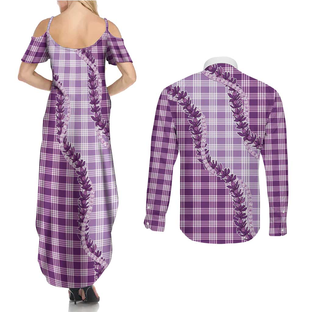 Violet Hawaii Palaka Couples Matching Summer Maxi Dress and Long Sleeve Button Shirt Hawaiian Pikake Lei