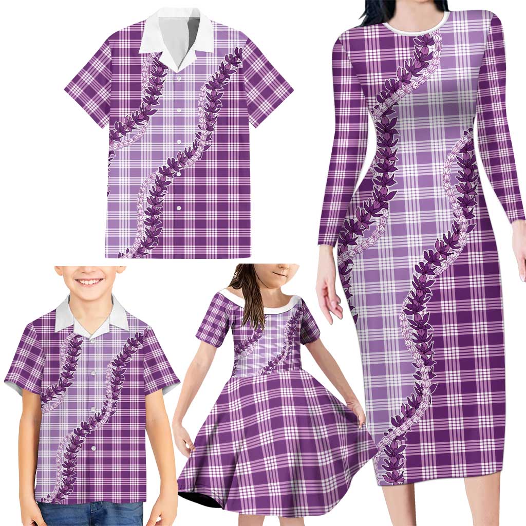 Violet Hawaii Palaka Family Matching Long Sleeve Bodycon Dress and Hawaiian Shirt Hawaiian Pikake Lei