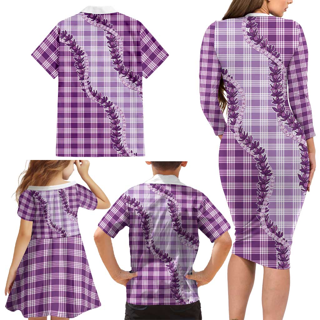 Violet Hawaii Palaka Family Matching Long Sleeve Bodycon Dress and Hawaiian Shirt Hawaiian Pikake Lei