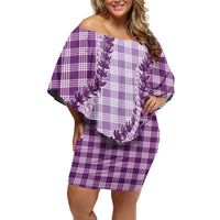 Violet Hawaii Palaka Family Matching Off Shoulder Short Dress and Hawaiian Shirt Hawaiian Pikake Lei