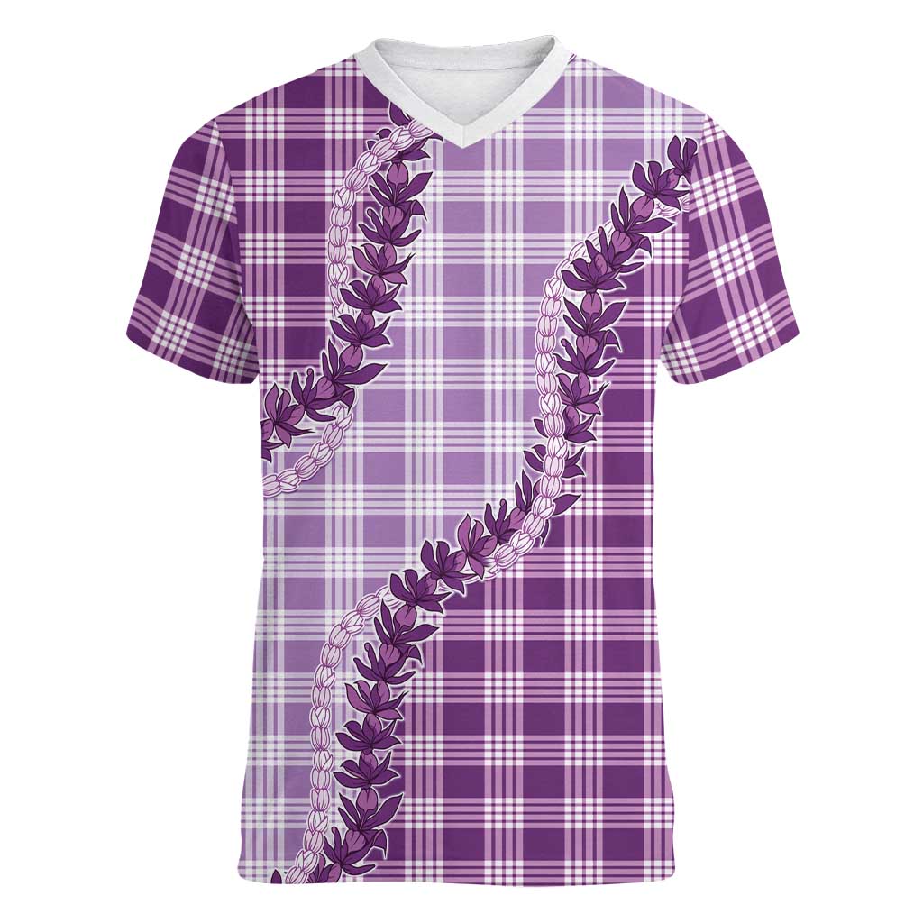Violet Hawaii Palaka Women V-Neck T-Shirt Hawaiian Pikake Lei LT05 Female Violet - Polynesian Pride