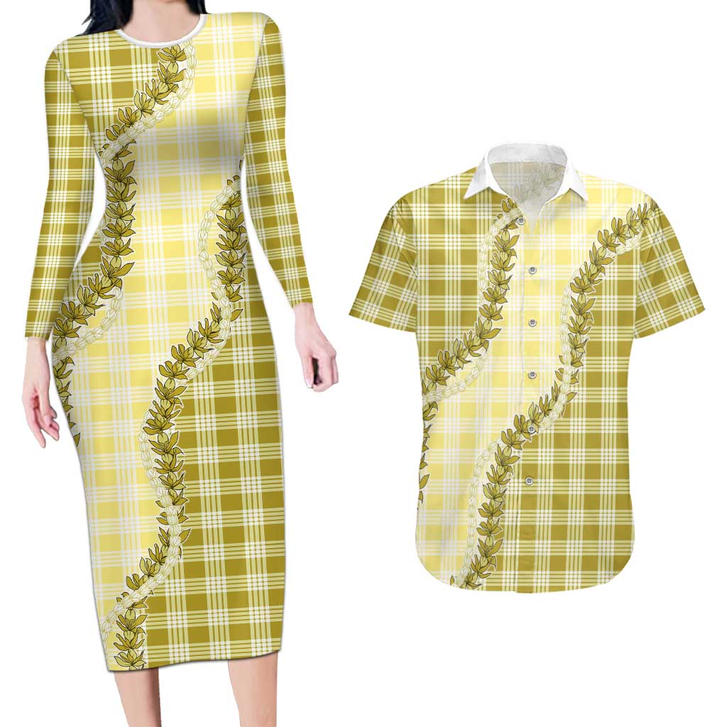 Yellow Hawaii Palaka Couples Matching Long Sleeve Bodycon Dress and Hawaiian Shirt Hawaiian Pikake Lei LT05 Yellow - Polynesian Pride