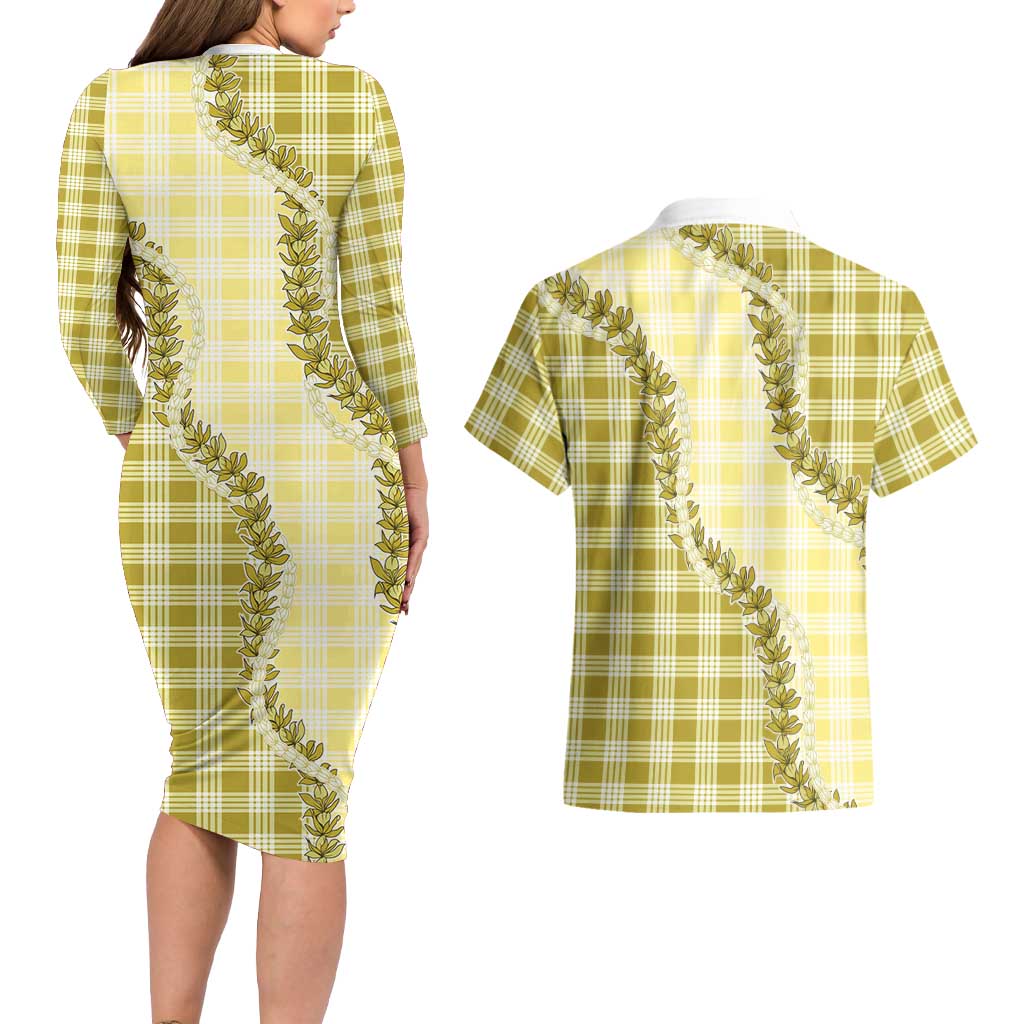 Yellow Hawaii Palaka Couples Matching Long Sleeve Bodycon Dress and Hawaiian Shirt Hawaiian Pikake Lei