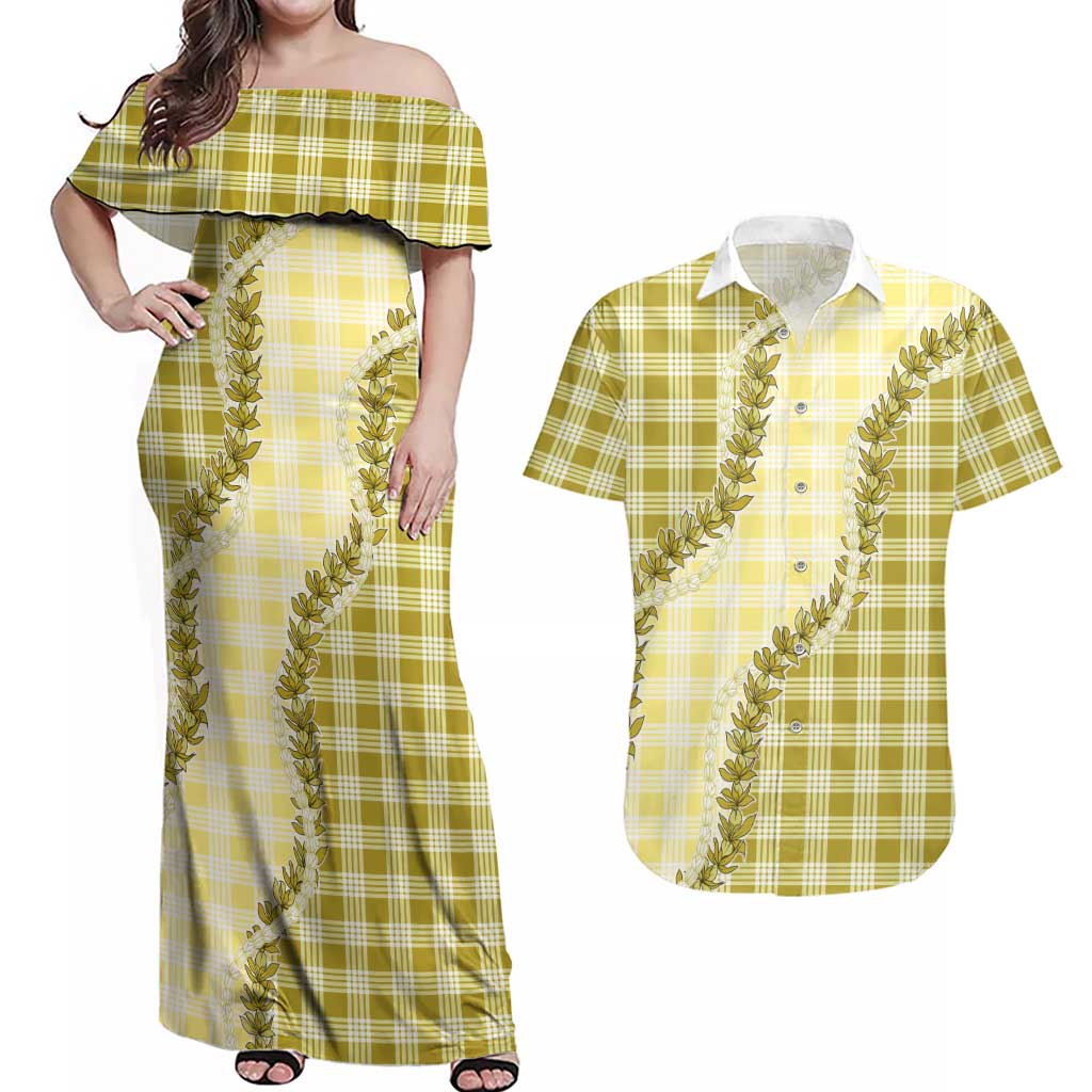 Yellow Hawaii Palaka Couples Matching Off Shoulder Maxi Dress and Hawaiian Shirt Hawaiian Pikake Lei