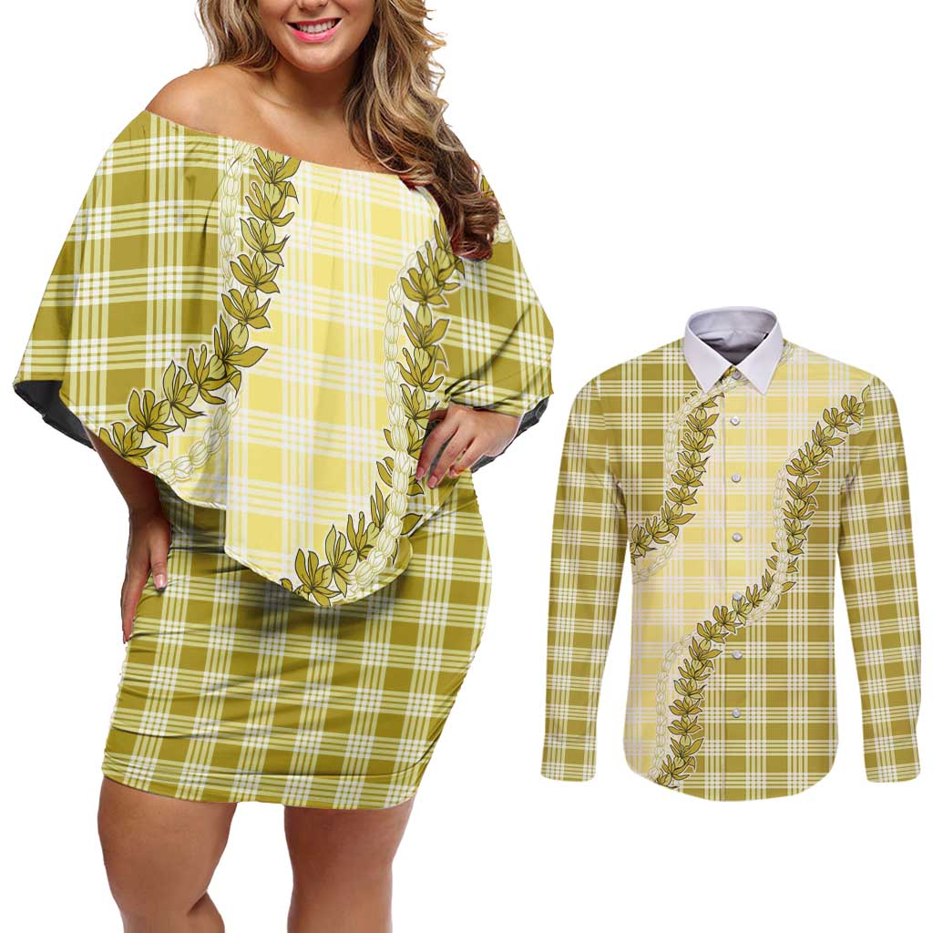 Yellow Hawaii Palaka Couples Matching Off Shoulder Short Dress and Long Sleeve Button Shirt Hawaiian Pikake Lei LT05 Yellow - Polynesian Pride