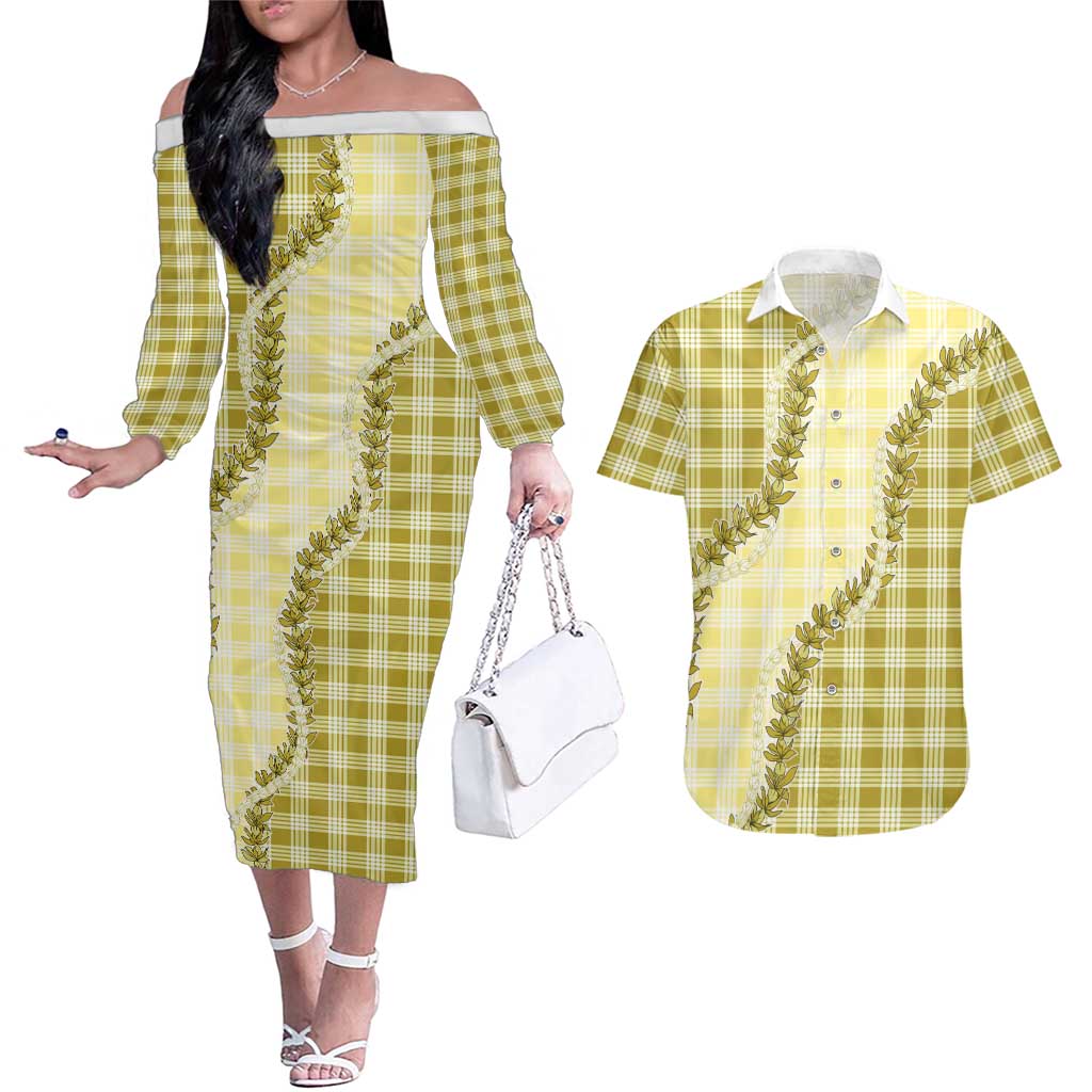 Yellow Hawaii Palaka Couples Matching Off The Shoulder Long Sleeve Dress and Hawaiian Shirt Hawaiian Pikake Lei LT05 Yellow - Polynesian Pride