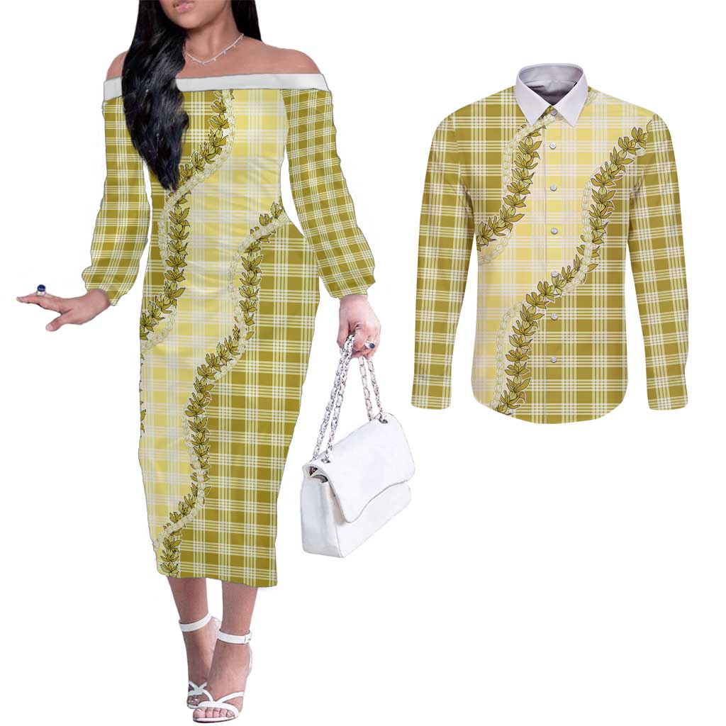Yellow Hawaii Palaka Couples Matching Off The Shoulder Long Sleeve Dress and Long Sleeve Button Shirt Hawaiian Pikake Lei LT05 Yellow - Polynesian Pride