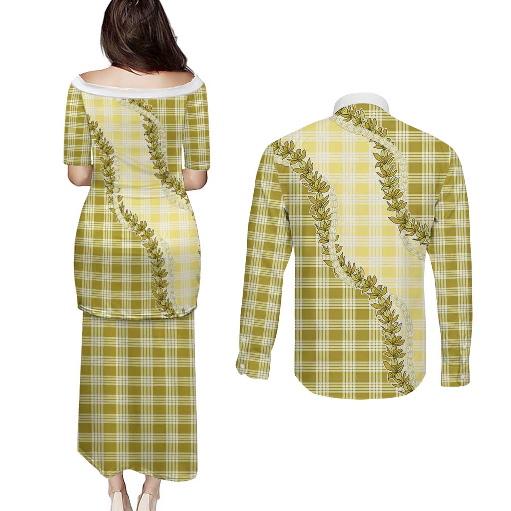 Yellow Hawaii Palaka Couples Matching Puletasi and Long Sleeve Button Shirt Hawaiian Pikake Lei LT05 - Polynesian Pride
