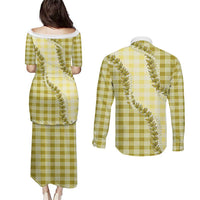 Yellow Hawaii Palaka Couples Matching Puletasi and Long Sleeve Button Shirt Hawaiian Pikake Lei LT05 - Polynesian Pride