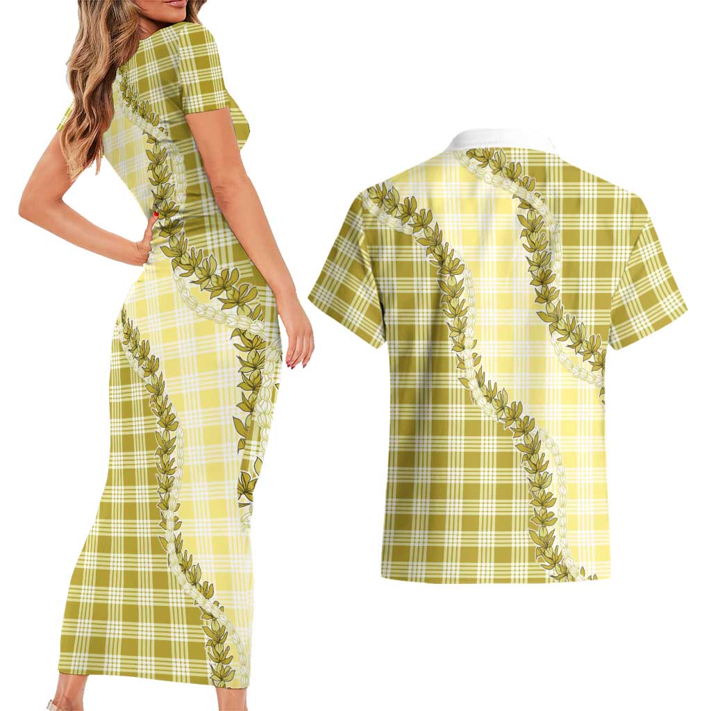Yellow Hawaii Palaka Couples Matching Short Sleeve Bodycon Dress and Hawaiian Shirt Hawaiian Pikake Lei