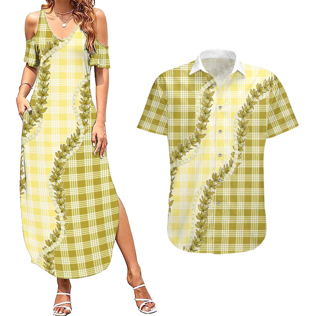 Yellow Hawaii Palaka Couples Matching Summer Maxi Dress and Hawaiian Shirt Hawaiian Pikake Lei LT05 Yellow - Polynesian Pride