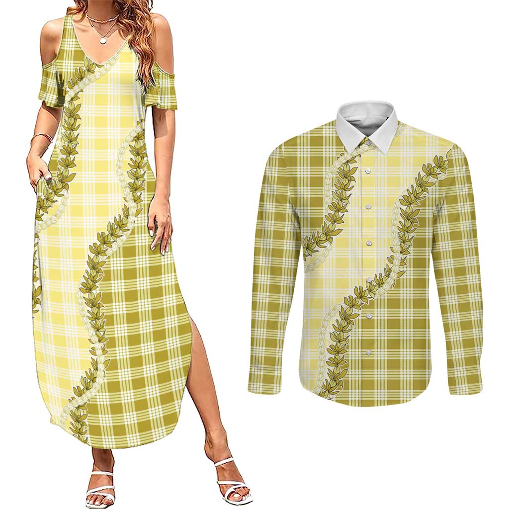 Yellow Hawaii Palaka Couples Matching Summer Maxi Dress and Long Sleeve Button Shirt Hawaiian Pikake Lei LT05 Yellow - Polynesian Pride