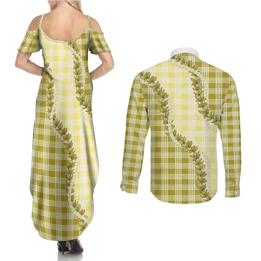Yellow Hawaii Palaka Couples Matching Summer Maxi Dress and Long Sleeve Button Shirt Hawaiian Pikake Lei LT05 - Polynesian Pride
