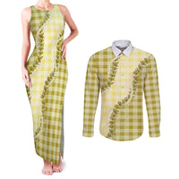 Yellow Hawaii Palaka Couples Matching Tank Maxi Dress and Long Sleeve Button Shirt Hawaiian Pikake Lei LT05 Yellow - Polynesian Pride