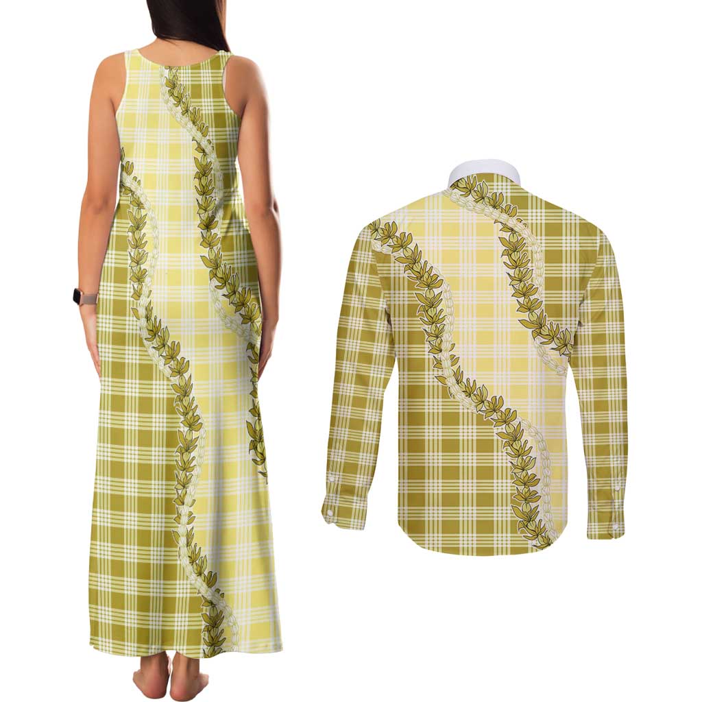Yellow Hawaii Palaka Couples Matching Tank Maxi Dress and Long Sleeve Button Shirt Hawaiian Pikake Lei LT05 - Polynesian Pride