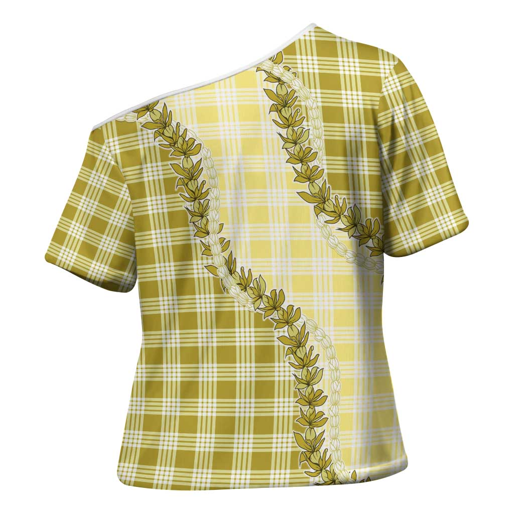 Yellow Hawaii Palaka Cross Shoulder Shirt Hawaiian Pikake Lei LT05 - Polynesian Pride