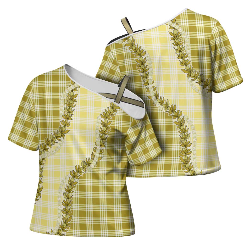 Yellow Hawaii Palaka Cross Shoulder Shirt Hawaiian Pikake Lei LT05 - Polynesian Pride