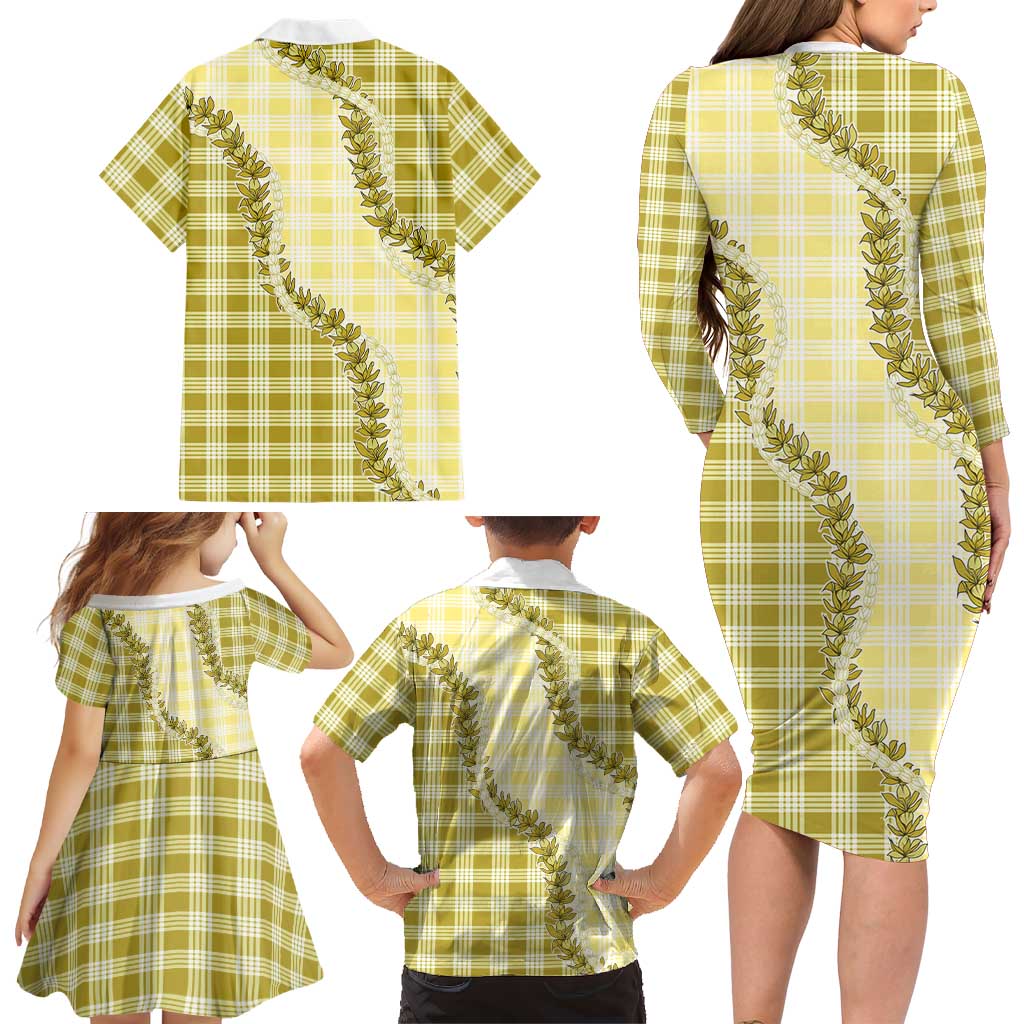 Yellow Hawaii Palaka Family Matching Long Sleeve Bodycon Dress and Hawaiian Shirt Hawaiian Pikake Lei