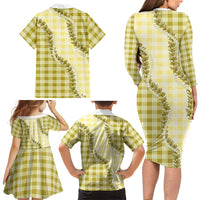 Yellow Hawaii Palaka Family Matching Long Sleeve Bodycon Dress and Hawaiian Shirt Hawaiian Pikake Lei