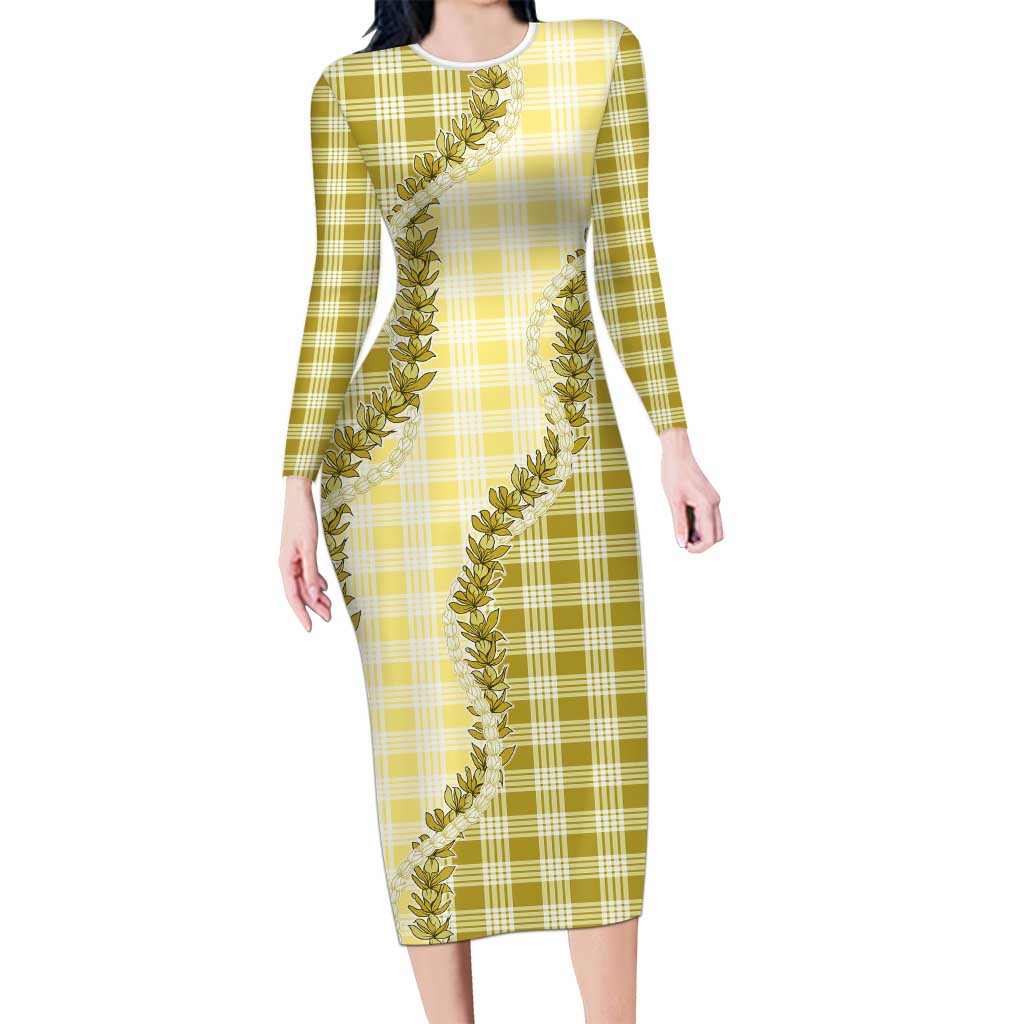 Yellow Hawaii Palaka Family Matching Long Sleeve Bodycon Dress and Hawaiian Shirt Hawaiian Pikake Lei