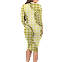 Yellow Hawaii Palaka Family Matching Long Sleeve Bodycon Dress and Hawaiian Shirt Hawaiian Pikake Lei