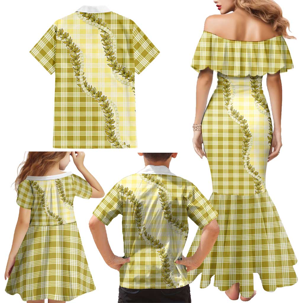 Yellow Hawaii Palaka Family Matching Mermaid Dress and Hawaiian Shirt Hawaiian Pikake Lei