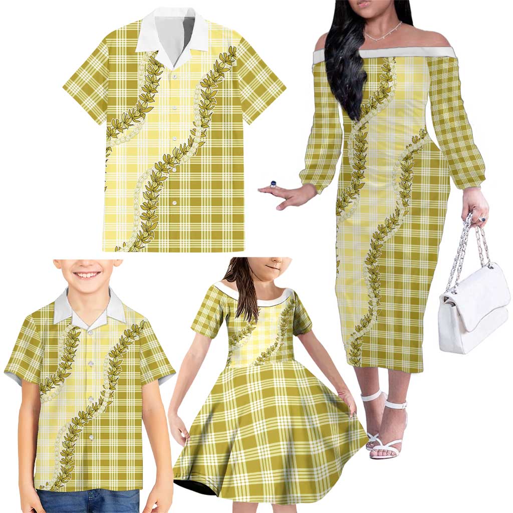 Yellow Hawaii Palaka Family Matching Off The Shoulder Long Sleeve Dress and Hawaiian Shirt Hawaiian Pikake Lei LT05 - Polynesian Pride