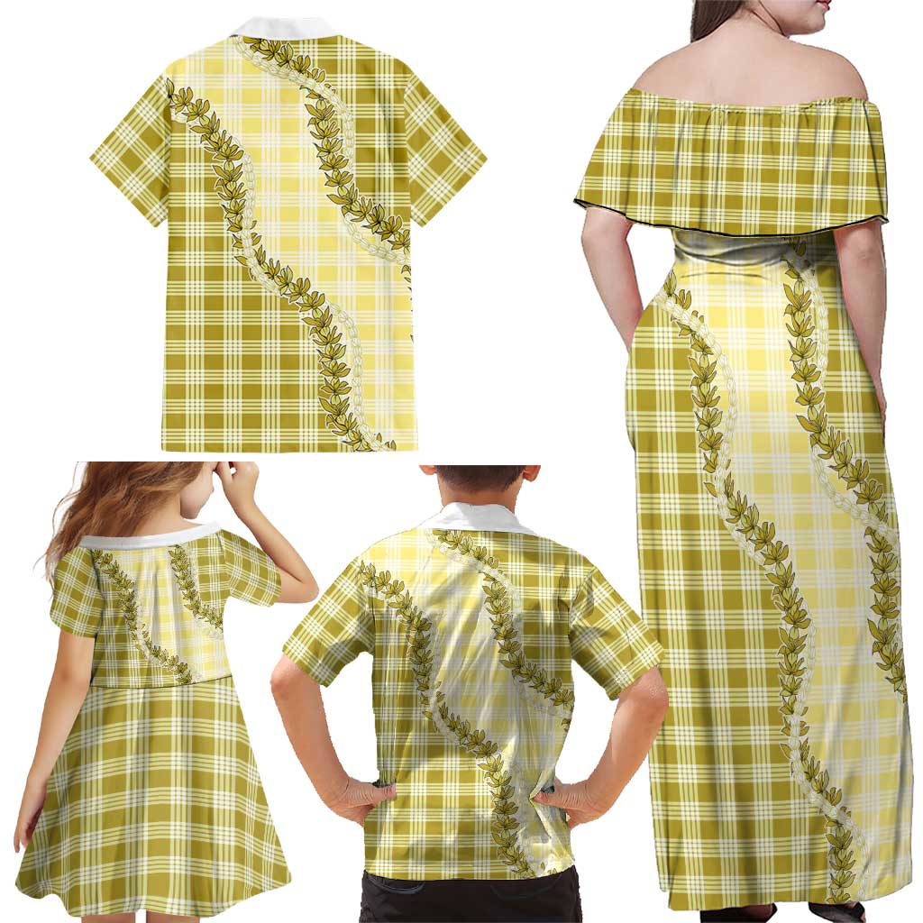 Yellow Hawaii Palaka Family Matching Off Shoulder Maxi Dress and Hawaiian Shirt Hawaiian Pikake Lei