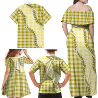 Yellow Hawaii Palaka Family Matching Off Shoulder Maxi Dress and Hawaiian Shirt Hawaiian Pikake Lei