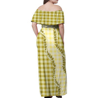 Yellow Hawaii Palaka Family Matching Off Shoulder Maxi Dress and Hawaiian Shirt Hawaiian Pikake Lei