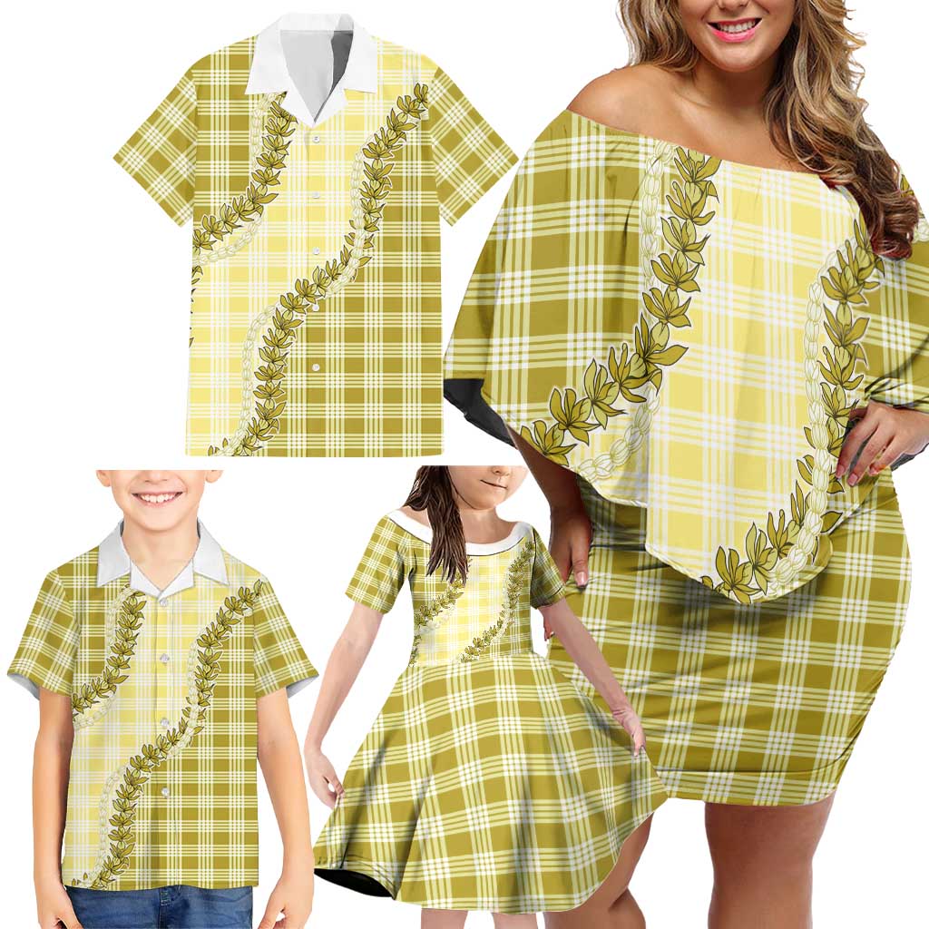 Yellow Hawaii Palaka Family Matching Off Shoulder Short Dress and Hawaiian Shirt Hawaiian Pikake Lei LT05 - Polynesian Pride