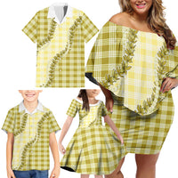Yellow Hawaii Palaka Family Matching Off Shoulder Short Dress and Hawaiian Shirt Hawaiian Pikake Lei