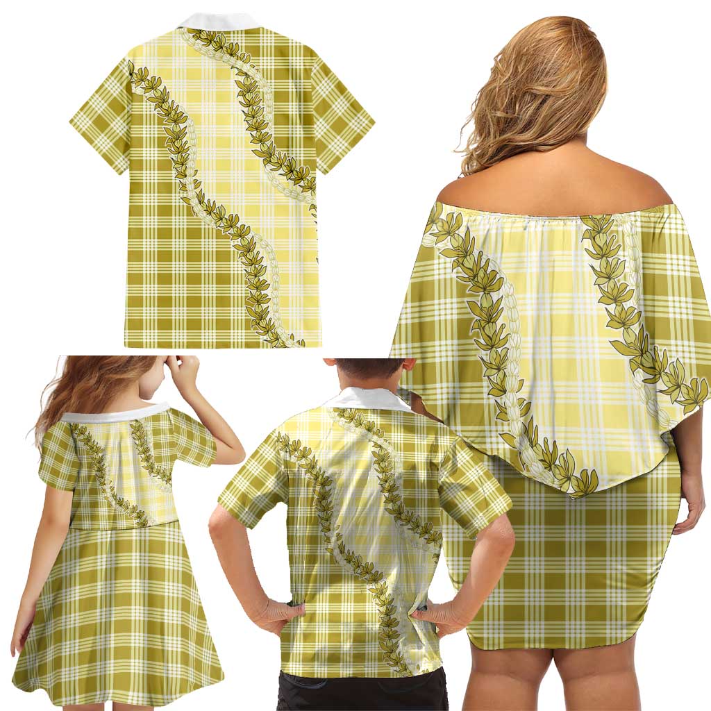 Yellow Hawaii Palaka Family Matching Off Shoulder Short Dress and Hawaiian Shirt Hawaiian Pikake Lei