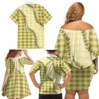 Yellow Hawaii Palaka Family Matching Off Shoulder Short Dress and Hawaiian Shirt Hawaiian Pikake Lei