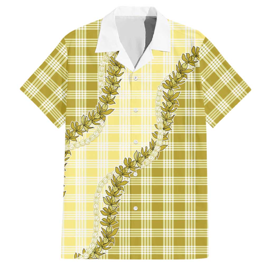 Yellow Hawaii Palaka Family Matching Off Shoulder Short Dress and Hawaiian Shirt Hawaiian Pikake Lei