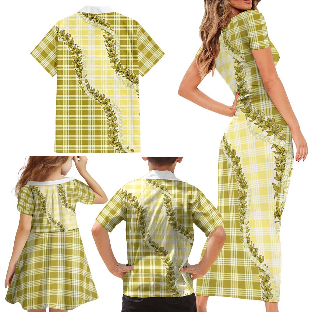 Yellow Hawaii Palaka Family Matching Short Sleeve Bodycon Dress and Hawaiian Shirt Hawaiian Pikake Lei